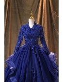 Royal Blue Wedding Dress Long Sleeve - Beautiful Lace Ball Gown For Bride