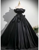Gothic Black Satin Ball Gown Wedding Dress | Off-shoulder Corset Bridal Gown With Roses