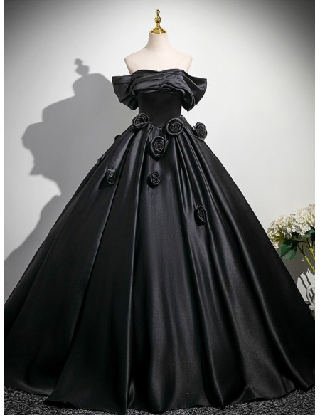 Gothic Black Satin Ball Gown Wedding Dress | Off-shoulder Corset Bridal Gown With Roses