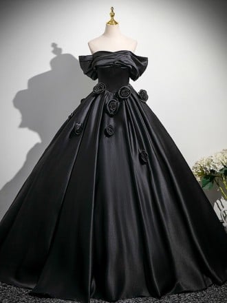 Gothic Black Satin Ball Gown Wedding Dress | Off-shoulder Corset Bridal Gown With Roses