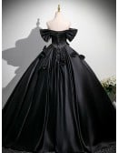 Gothic Black Satin Ball Gown Wedding Dress | Off-shoulder Corset Bridal Gown With Roses