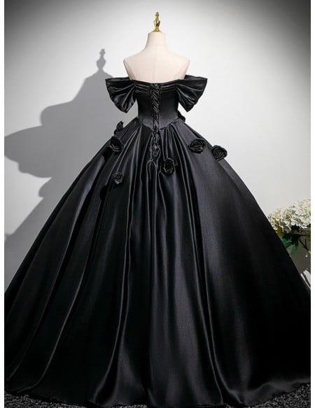 Gothic Black Satin Ball Gown Wedding Dress | Off-shoulder Corset Bridal Gown With Roses