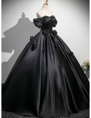 Gothic Black Satin Ball Gown Wedding Dress | Off-shoulder Corset Bridal Gown With Roses
