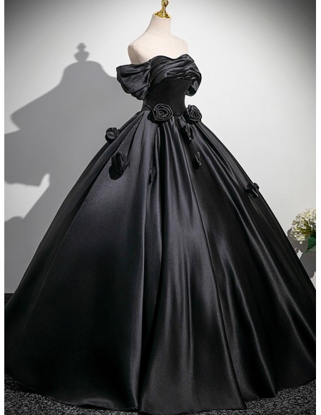 Gothic Black Satin Ball Gown Wedding Dress | Off-shoulder Corset Bridal Gown With Roses