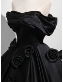 Gothic Black Satin Ball Gown Wedding Dress | Off-shoulder Corset Bridal Gown With Roses