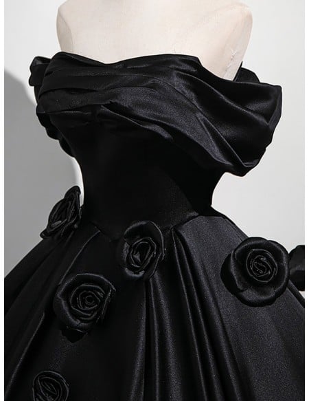 Gothic Black Satin Ball Gown Wedding Dress | Off-shoulder Corset Bridal Gown With Roses