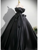 Gothic Black Satin Ball Gown Wedding Dress | Off-shoulder Corset Bridal Gown With Roses