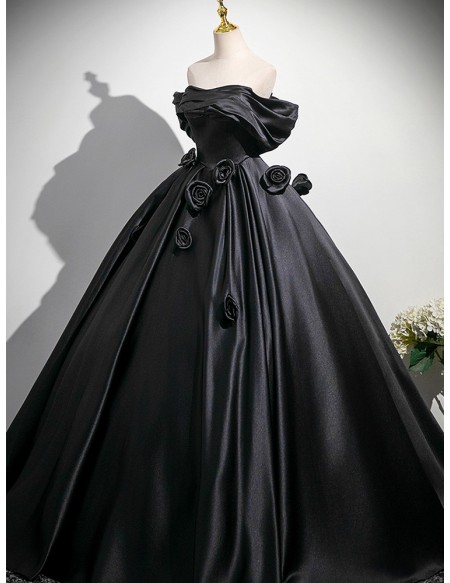 Gothic Black Satin Ball Gown Wedding Dress | Off-shoulder Corset Bridal Gown With Roses