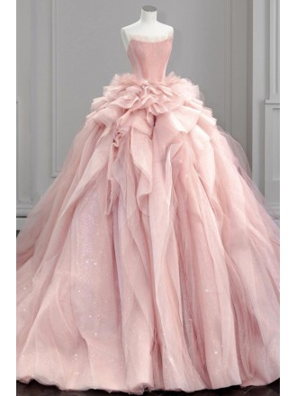Dreamy Light Pink Princess Wedding Dress | Glitter Tulle Ball Gown With Ruched Bodice