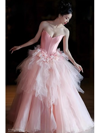 Dreamy Pink Tulle Wedding Dress | Beautiful Ball Gown With Ruffles And Flower Details
