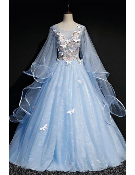 Fairytale Sky Blue Long Sleeve Wedding Gown - Elegant Bridal Dress With Butterfly Details