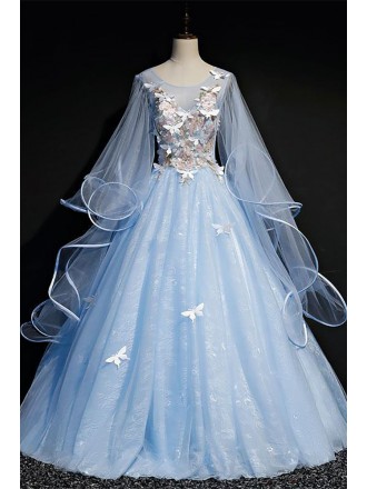 Fairytale Sky Blue Long Sleeve Wedding Gown - Elegant Bridal Dress With Butterfly Details