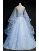 Fairytale Sky Blue Long Sleeve Wedding Gown - Elegant Bridal Dress With Butterfly Details