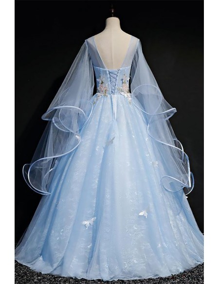 Fairytale Sky Blue Long Sleeve Wedding Gown - Elegant Bridal Dress With Butterfly Details