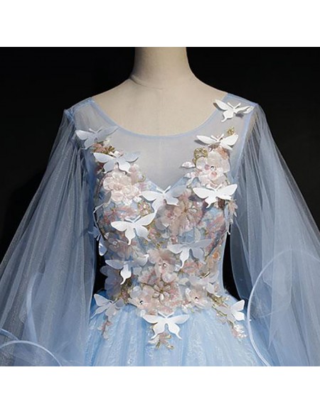 Fairytale Sky Blue Long Sleeve Wedding Gown - Elegant Bridal Dress With Butterfly Details