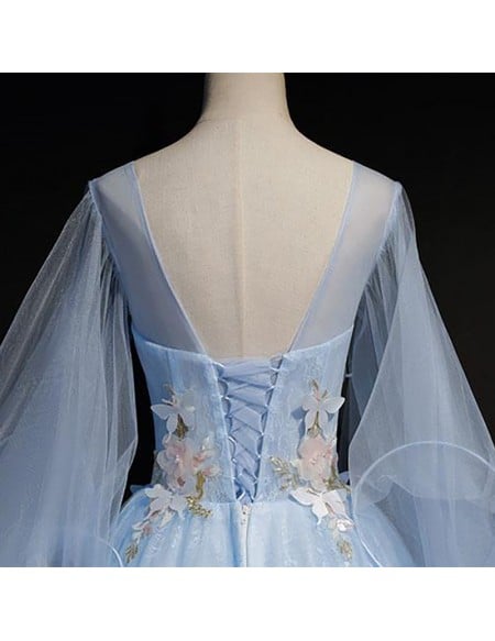 Fairytale Sky Blue Long Sleeve Wedding Gown - Elegant Bridal Dress With Butterfly Details