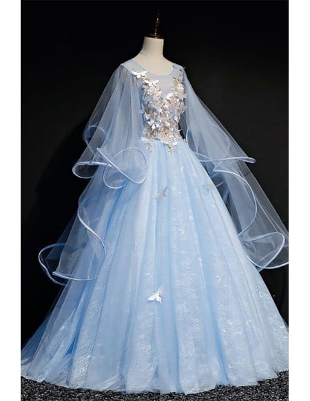 Fairytale Sky Blue Long Sleeve Wedding Gown - Elegant Bridal Dress With Butterfly Details