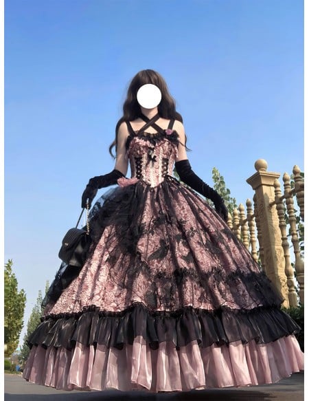 Gothic Black & Pink Ball Gown Wedding Dress | Victorian Corset With Strappy Corset