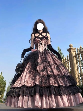 Gothic Black & Pink Ball Gown Wedding Dress | Victorian Corset With Strappy Corset