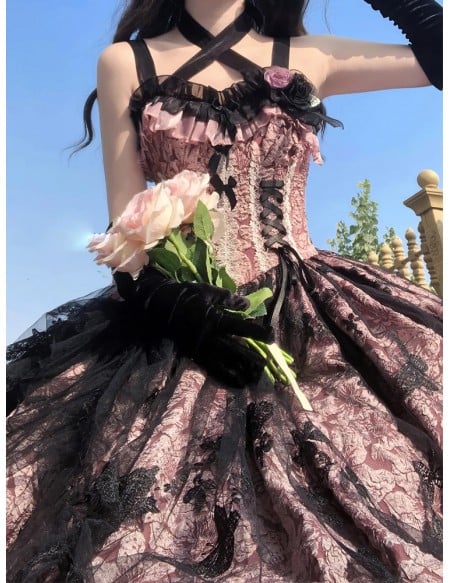 Gothic Black & Pink Ball Gown Wedding Dress | Victorian Corset With Strappy Corset