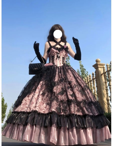 Gothic Black & Pink Ball Gown Wedding Dress | Victorian Corset With Strappy Corset