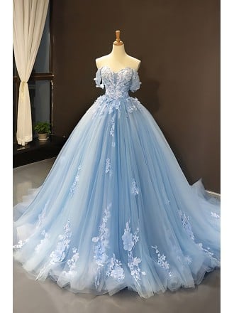 Elegant Light Blue Wedding Dress - Off-shoulder Ball Gown With White Floral Lace Appliques