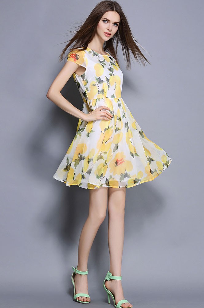 Cap Sleeves Floral Print Short Dress Gemgrace