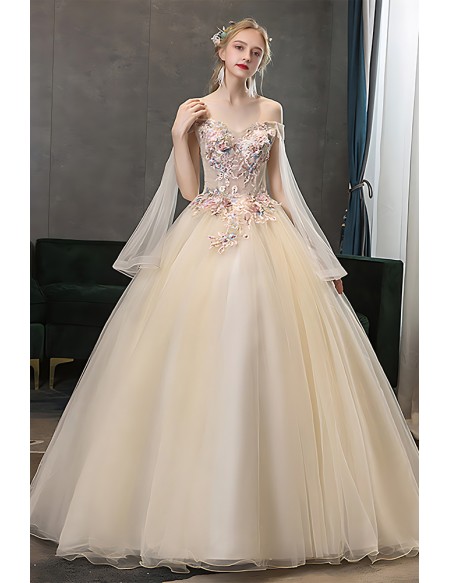 Women's Champagne Wedding Dress - Elegant Gown With Floral Bodice & Sleeves