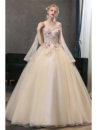 Women's Champagne Wedding Dress - Elegant Gown With Floral Bodice & Sleeves