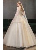 Women's Champagne Wedding Dress - Elegant Gown With Floral Bodice & Sleeves