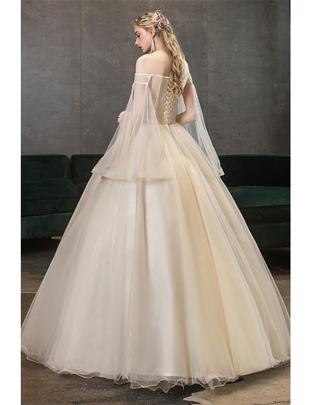 Women's Champagne Wedding Dress - Elegant Gown With Floral Bodice & Sleeves