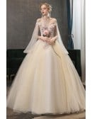 Women's Champagne Wedding Dress - Elegant Gown With Floral Bodice & Sleeves