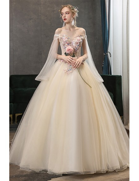 Women's Champagne Wedding Dress - Elegant Gown With Floral Bodice & Sleeves