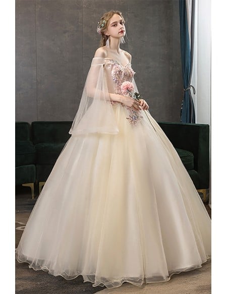Women's Champagne Wedding Dress - Elegant Gown With Floral Bodice & Sleeves