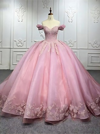 Elegant Pink Princess Wedding Gown - Off-shoulder Bridal Dress With Intricate Lace & Full Skirt