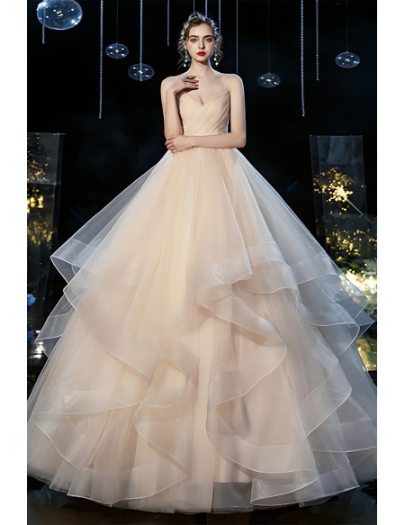 Beautiful Champagne Colored Wedding Gown With Ruffled Tulle Skirt - Vintage Style Bridal Dress