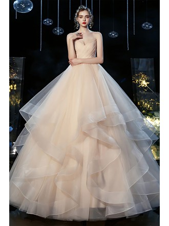 Beautiful Champagne Colored Wedding Gown With Ruffled Tulle Skirt - Vintage Style Bridal Dress