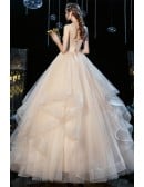 Beautiful Champagne Colored Wedding Gown With Ruffled Tulle Skirt - Vintage Style Bridal Dress