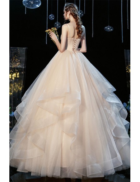 Beautiful Champagne Colored Wedding Gown With Ruffled Tulle Skirt - Vintage Style Bridal Dress