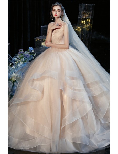 Beautiful Champagne Colored Wedding Gown With Ruffled Tulle Skirt - Vintage Style Bridal Dress