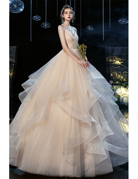 Beautiful Champagne Colored Wedding Gown With Ruffled Tulle Skirt - Vintage Style Bridal Dress