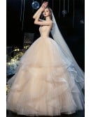 Beautiful Champagne Colored Wedding Gown With Ruffled Tulle Skirt - Vintage Style Bridal Dress