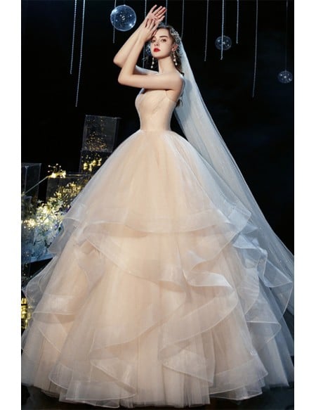 Beautiful Champagne Colored Wedding Gown With Ruffled Tulle Skirt - Vintage Style Bridal Dress