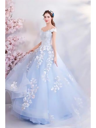 Ice Blue Bridal Gown - Off-shoulder Sweetheart Neckline With Beaded Lace & White Floral Details