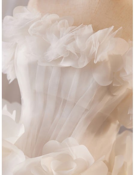 Elegant White Bridal Gown With Off Shoulder Design And Volume Ruffles For Wedding Ceremony