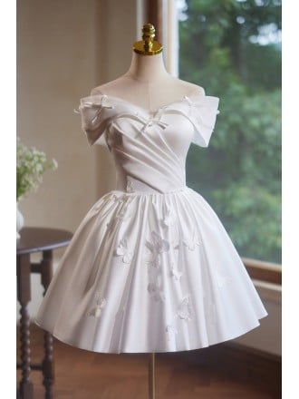 White Off Shoulder Homecoming Dress With Satin Material And Butterfly Embroidery Short Length For Prom