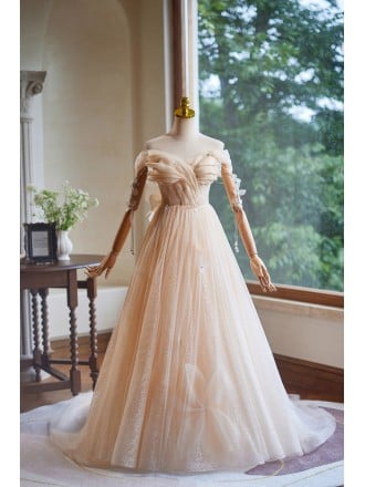 Graceful Off Shoulder Champagne Prom Dress With Long Sleeves And Tulle Skirt For Homecoming