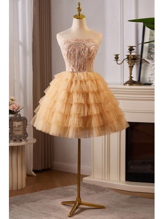 Glamorous Champagne Tiered Homecoming Dress With Beaded Bodice And Sequin Skirt Short Length For Prom