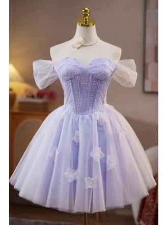 Dreamy Lavender Homecoming Dress With Removable Puff Sleeves And Short Length Tulle Skirt