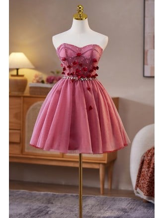 Cute Pink Short Homecoming Dress With Sweetheart Neckline And Floral Embellishments